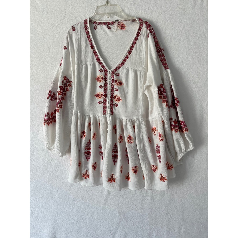Free People Arianna White Embroidered Tunic Top Dress Boho Gauze Womens Lg